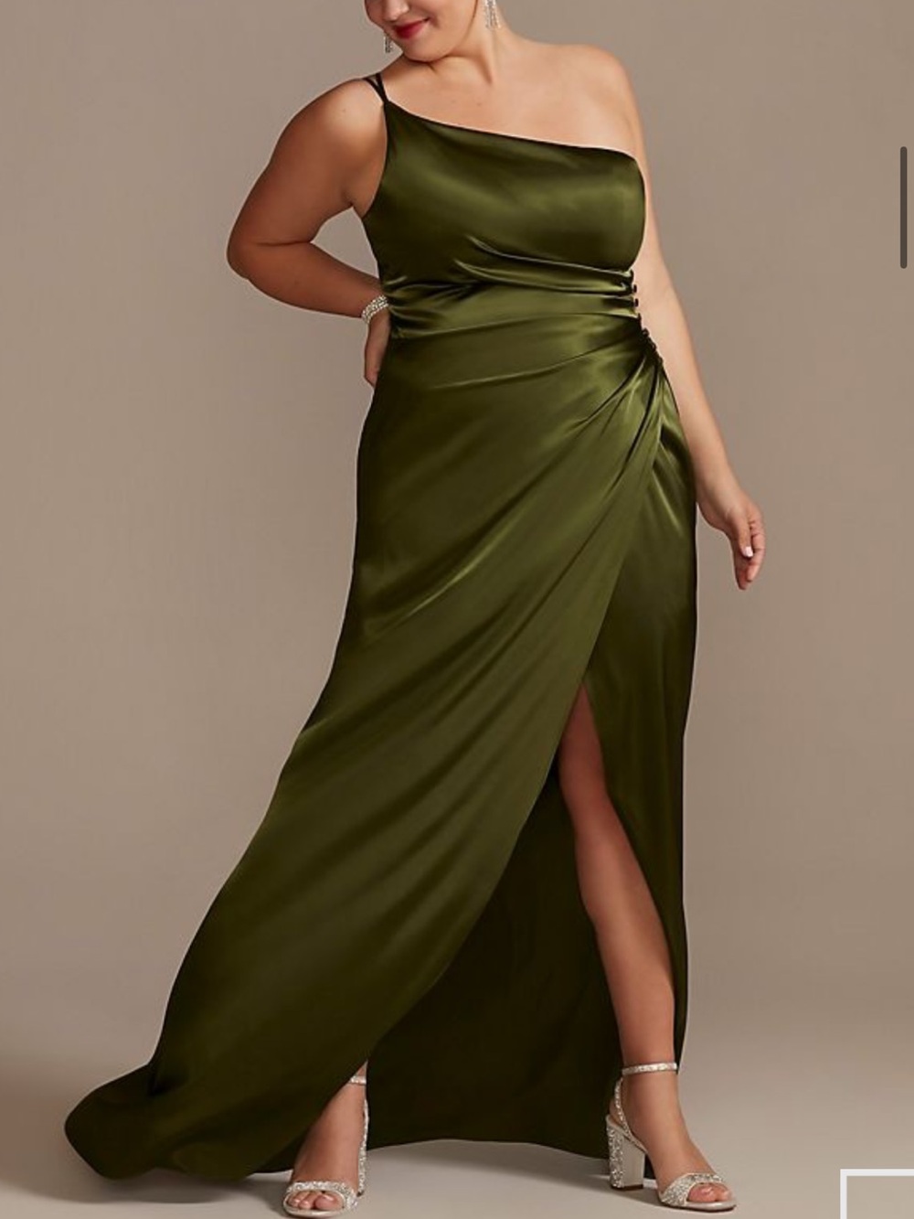 One-Shoulder Sage/ Olive Green Satin Bridesmaid Dress